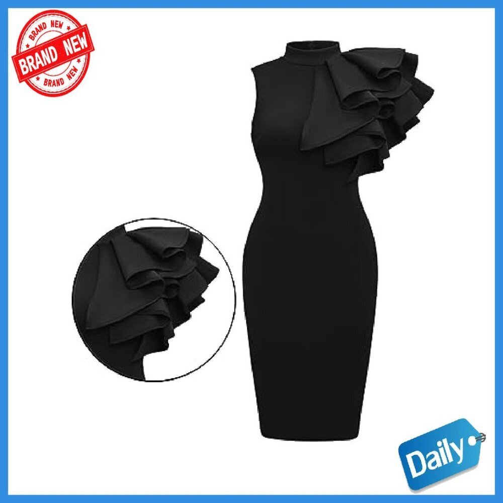 Women's Cocktail Bodycon Ruffle Sleeveless Midi Pencil Dress - Picture 3 of 8
